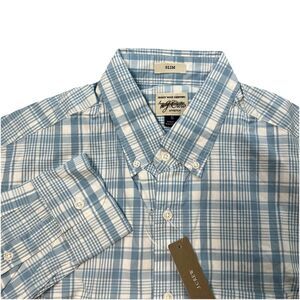 J Crew Secret Wash‎ Slim Blue Plaid Button Up Shirt Stretch Preppy Casual Mens S